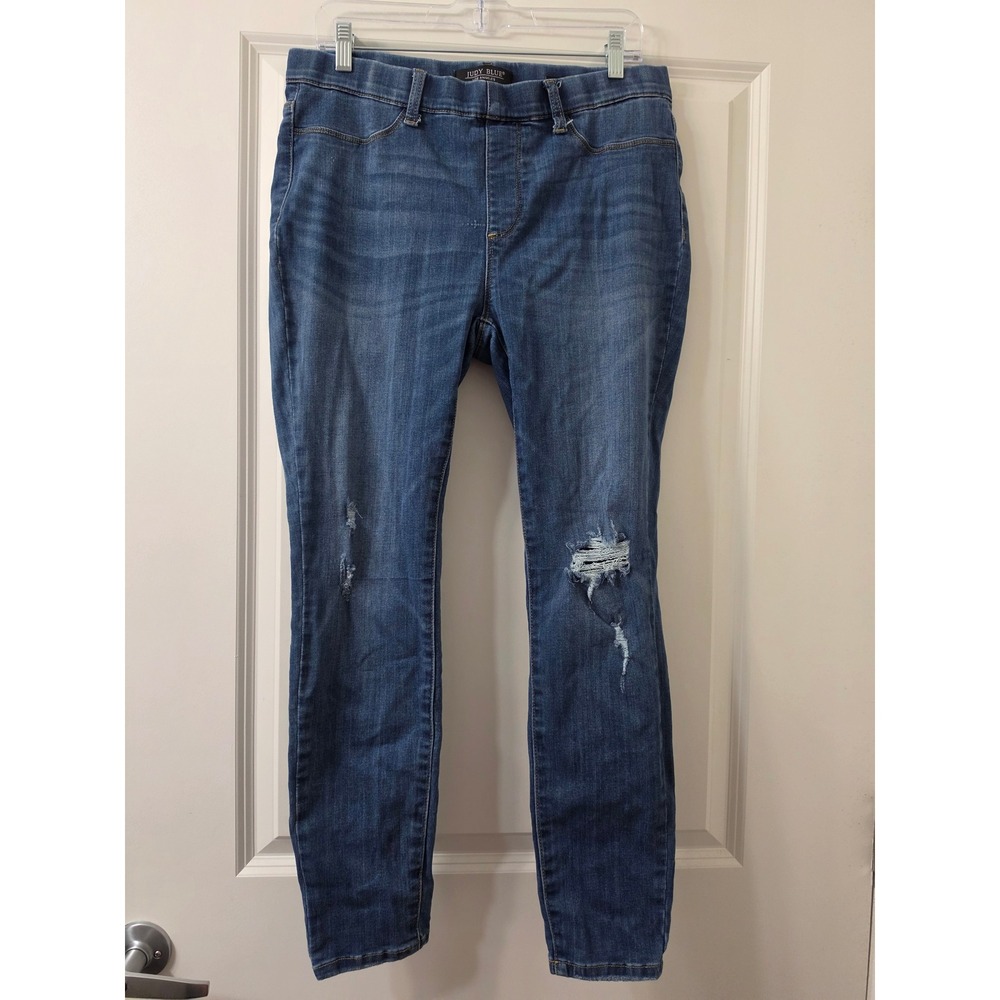 Judy Blue Skinny Fit Pull On Distressed Jeans Medium Wash Denim Size 15/32